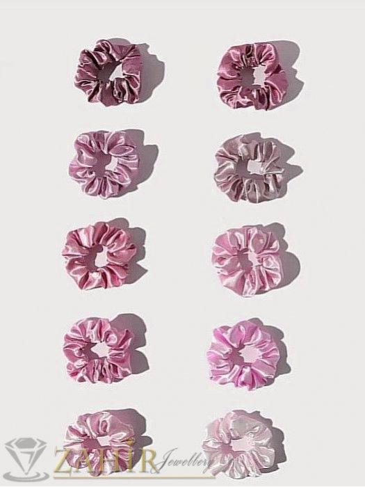 Аксесоари за коса - Комплект от 10 бр. малки сатенени ластици за коса тип скрънчи с диаметър 8 см, в цвят пеперл от рози, много меки - L1172